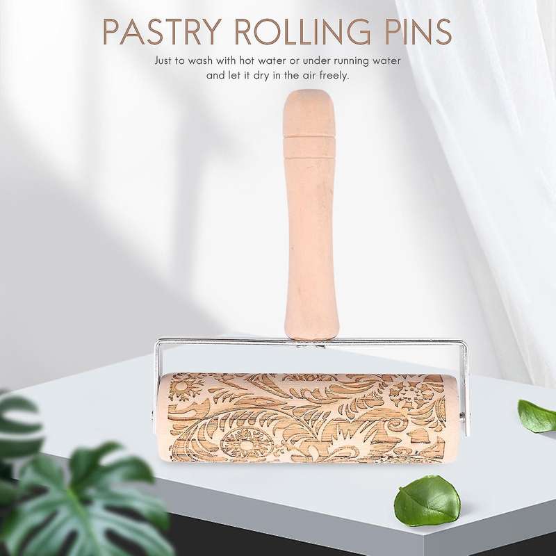 3d Engraved Rolling Pin Natural Wood Roller Pin with Classic Pattern for Kids Dough & Fondant Cooki