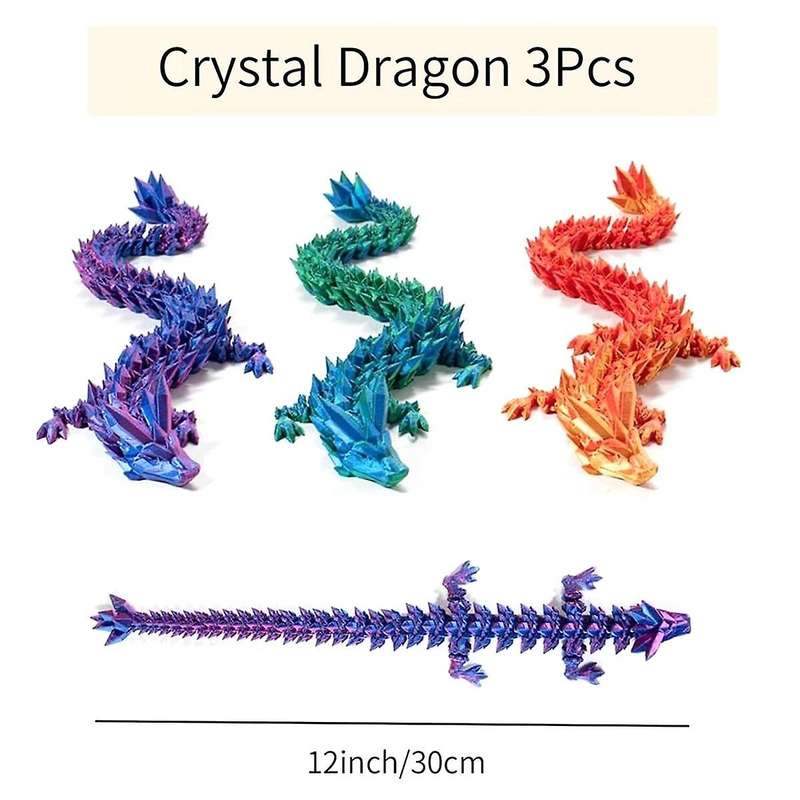 3D Printed Crystal Dragon 12In 3Pcs, 3D Printed Flexible Articulated Dragon, Decoration