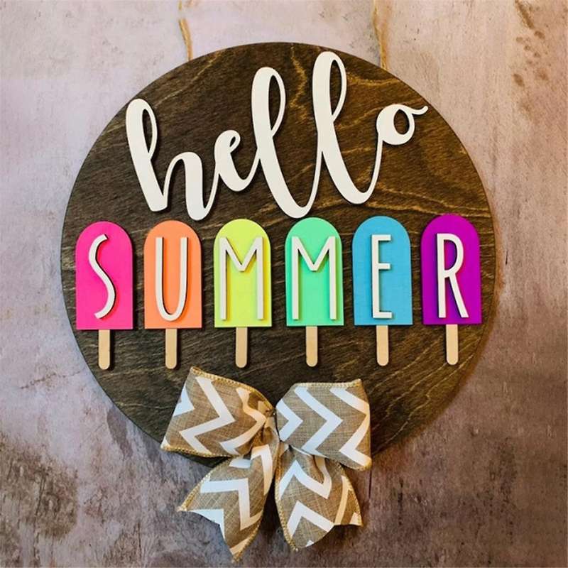 3D Seasonal Sign, Hello Sign Seasonal Decor Summer Sign Farmhouse Round Welcome Door Sign for Hangin