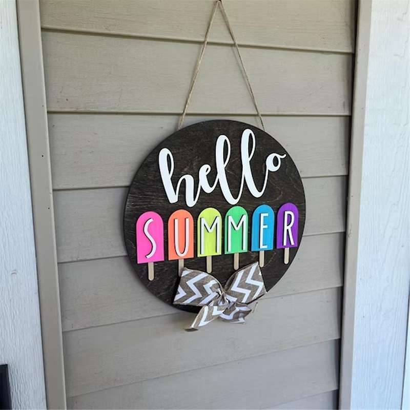 3D Seasonal Sign, Hello Sign Seasonal Decor Summer Sign Farmhouse Round Welcome Door Sign for Hangin