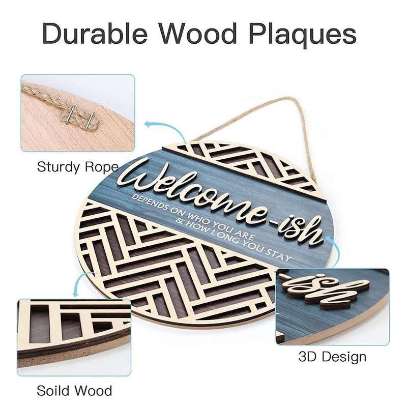 3d Welcome Hanging Sign Plaque for Front Door Wall Decor, Funny Welcome-ish Wooden Hanger, Rustic Mi