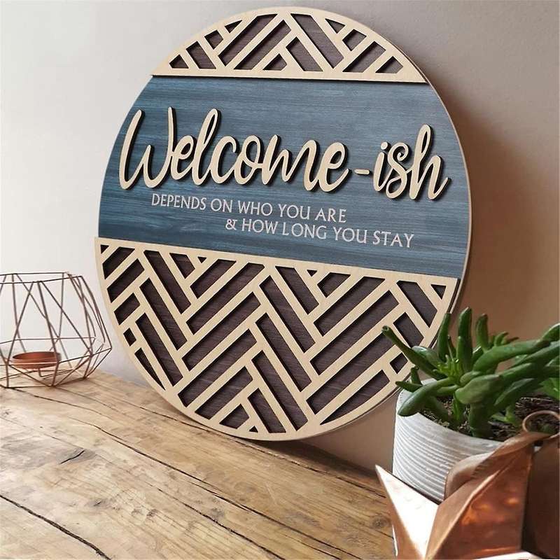 3d Welcome Hanging Sign Plaque for Front Door Wall Decor, Funny Welcome-ish Wooden Hanger, Rustic Mi