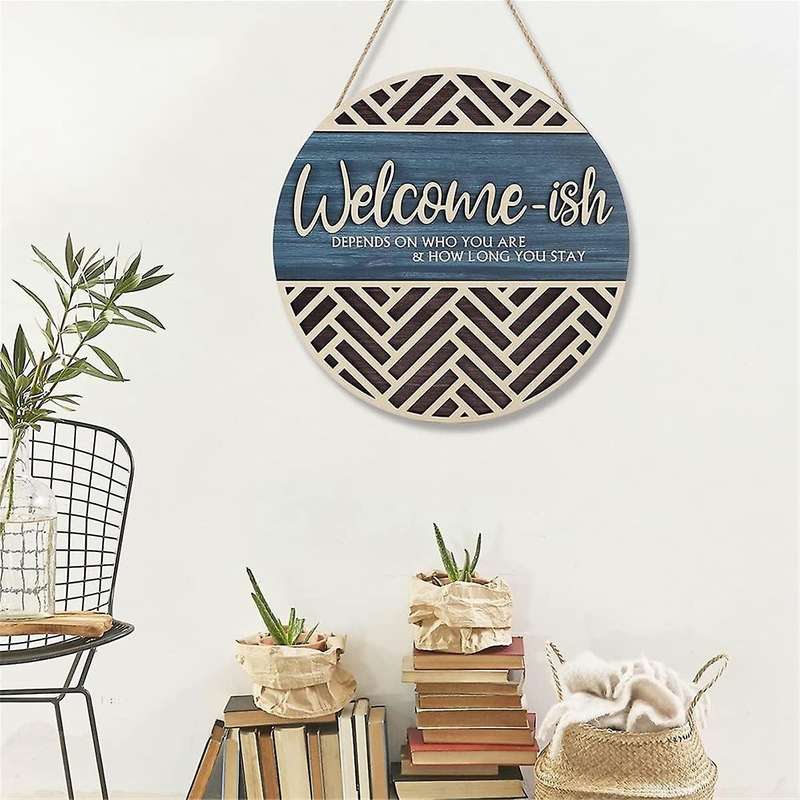 3d Welcome Hanging Sign Plaque for Front Door Wall Decor, Funny Welcome-ish Wooden Hanger, Rustic Mi