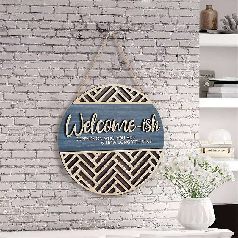 3d Welcome Hanging Sign Plaque for Front Door Wall Decor, Funny Welcome-ish Wooden Hanger, Rustic Mi