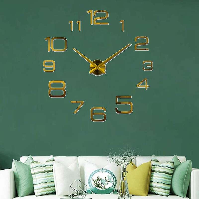3D Wall Clock Stickers,DIY Frameless Wall Clock for Living Room Office Kitchen Decor(Golden)