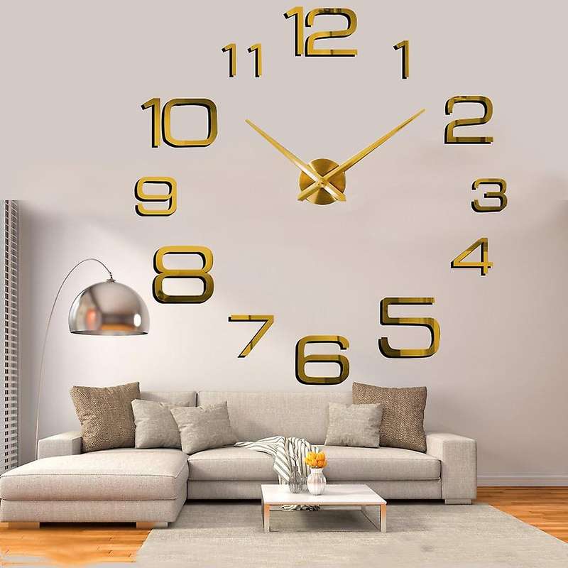 3D Wall Clock Stickers,DIY Frameless Wall Clock for Living Room Office Kitchen Decor(Golden)