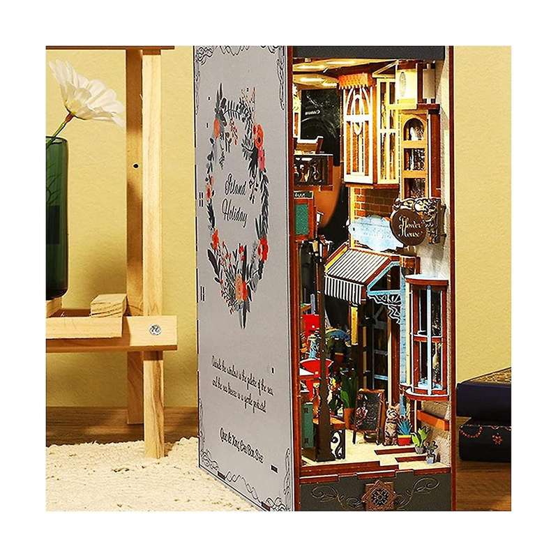 3D Wooden Puzzle Bookends, DIY Book Nook Kit, Holiday Model Kit Insert Decor with Sensor Light, Dec