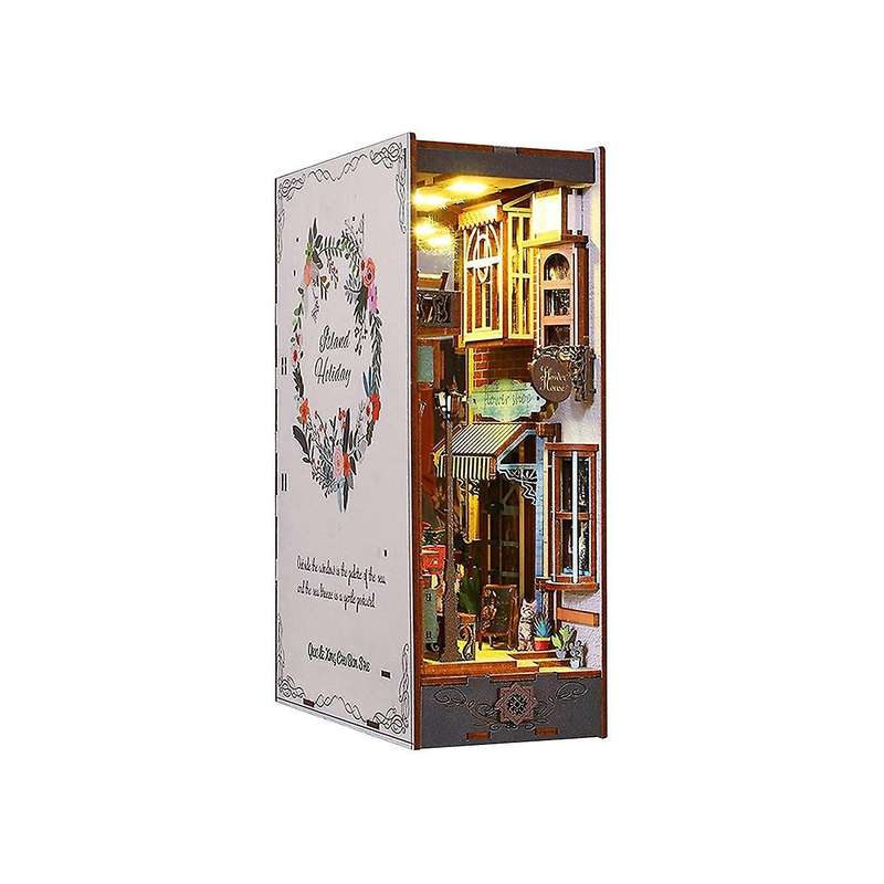 3D Wooden Puzzle Bookends, DIY Book Nook Kit, Holiday Model Kit Insert Decor with Sensor Light, Dec