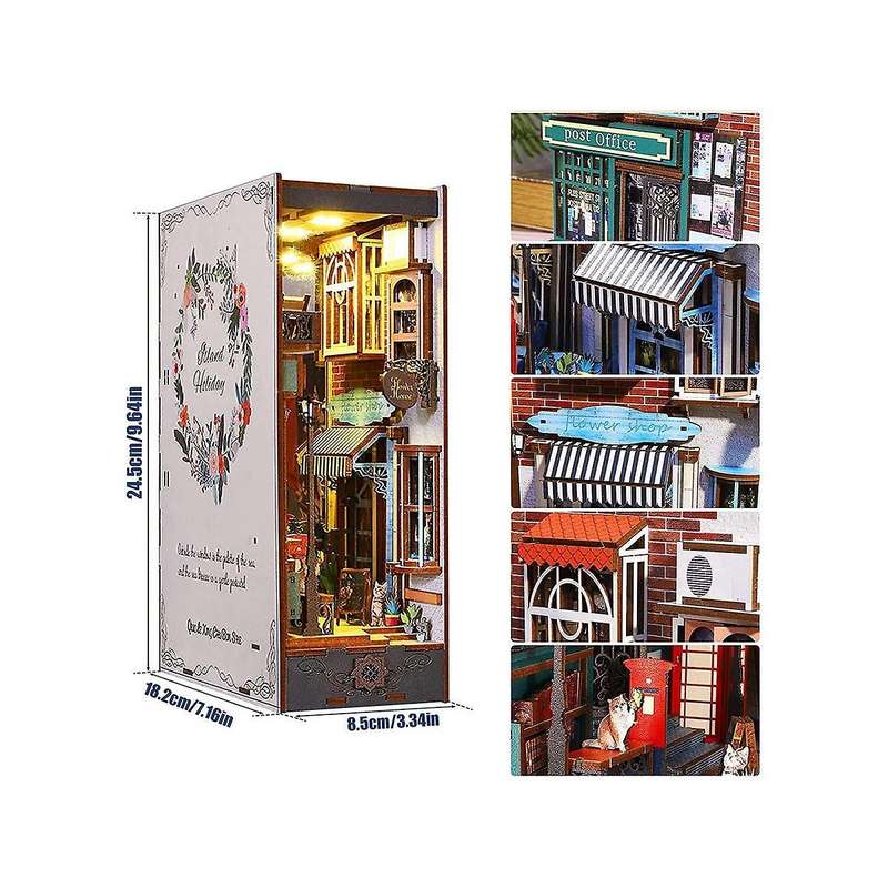 3D Wooden Puzzle Bookends, DIY Book Nook Kit, Holiday Model Kit Insert Decor with Sensor Light, Dec