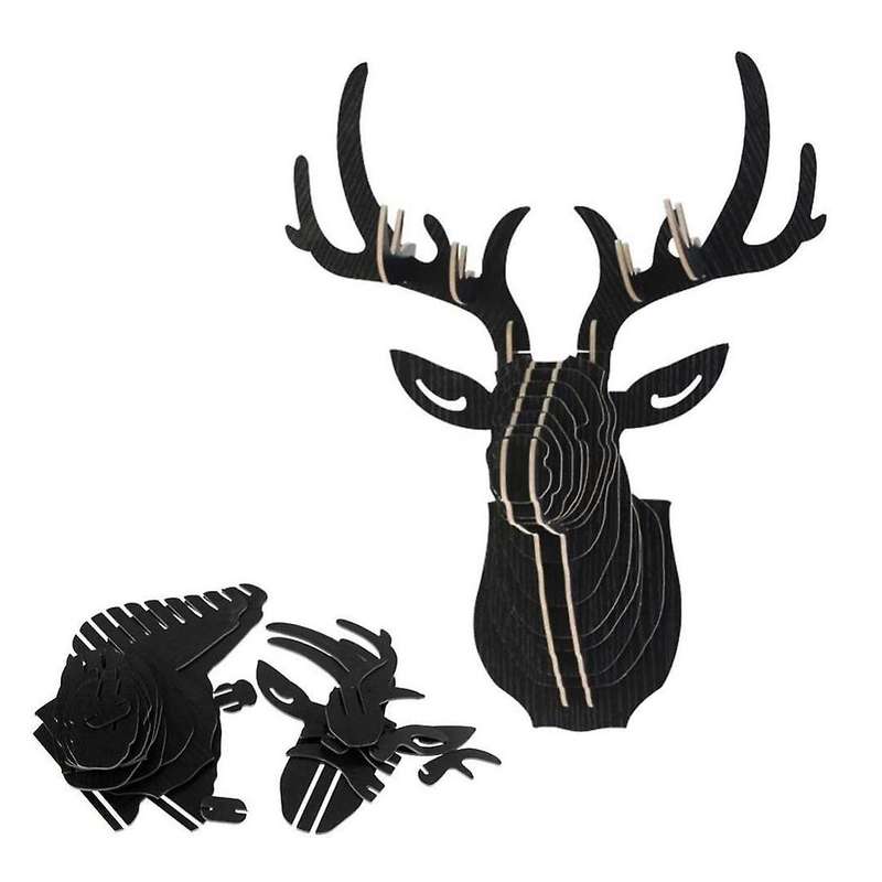 3D Wood Carving Deer Head Decoration Wall and Hook Door Necklace Hat Key - Black
