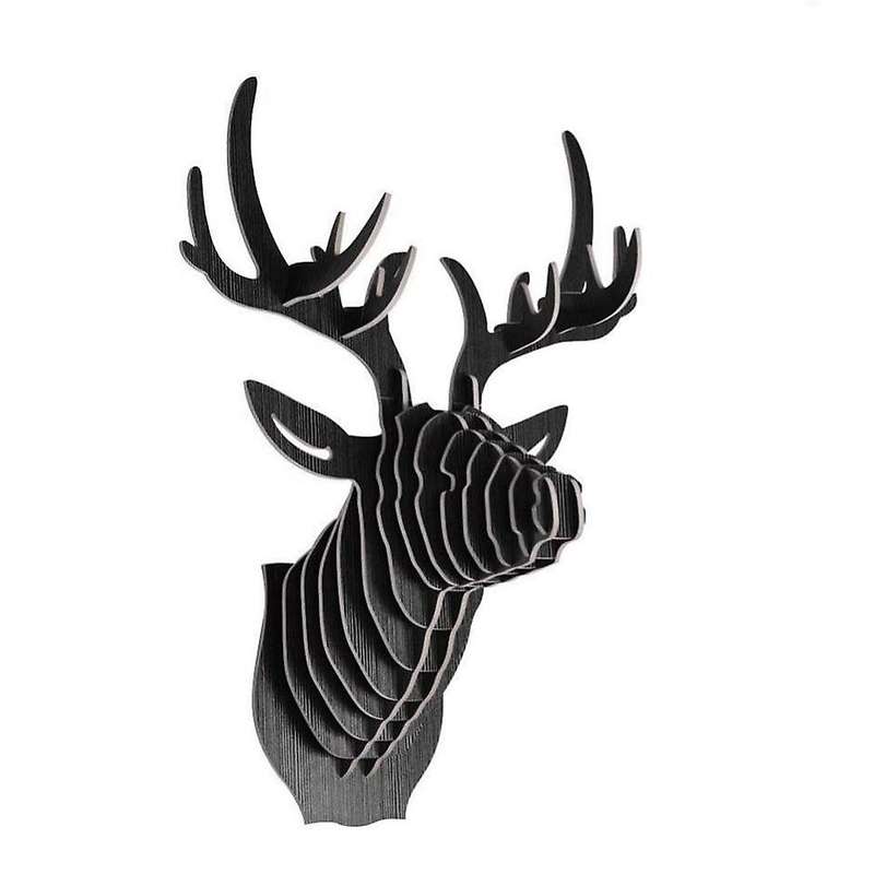 3D Wood Carving Deer Head Decoration Wall and Hook Door Necklace Hat Key - Black