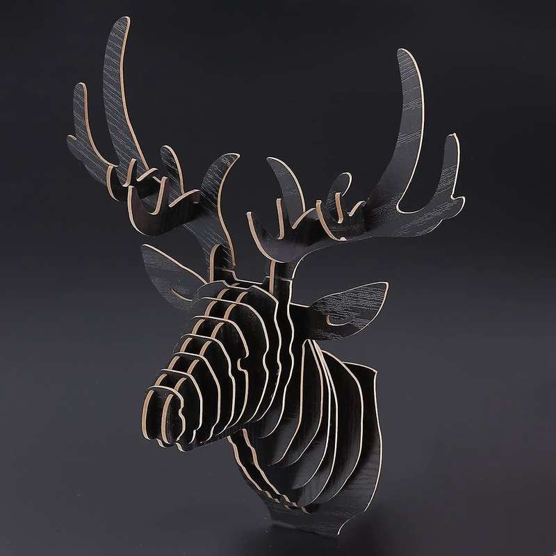 3D Wood Carving Deer Head Decoration Wall and Hook Door Necklace Hat Key - Black