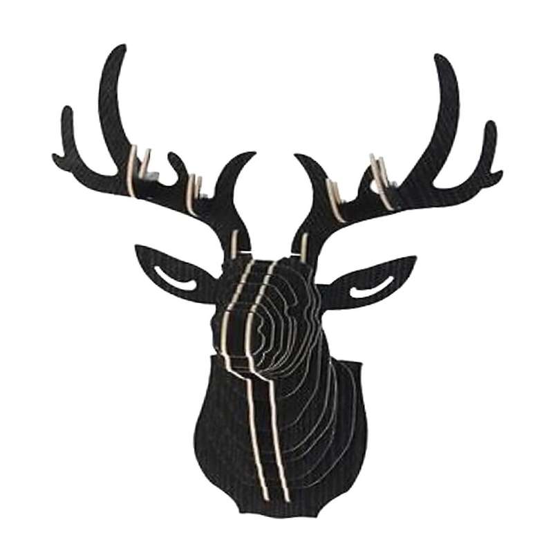 3D Wood Carving Deer Head Decoration Wall and Hook Door Necklace Hat Key - Black