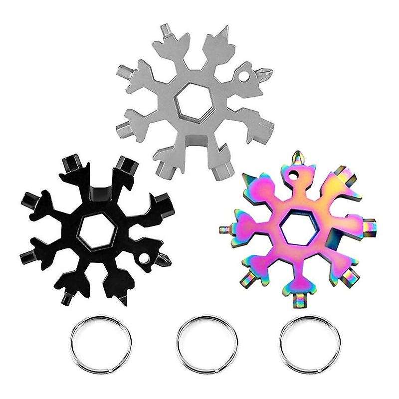 3Pcs 18 in 1 Snowflake Multi-Tool Outdoor Travel Camping Multi-Function Key Ring, Stainless Steel Mu