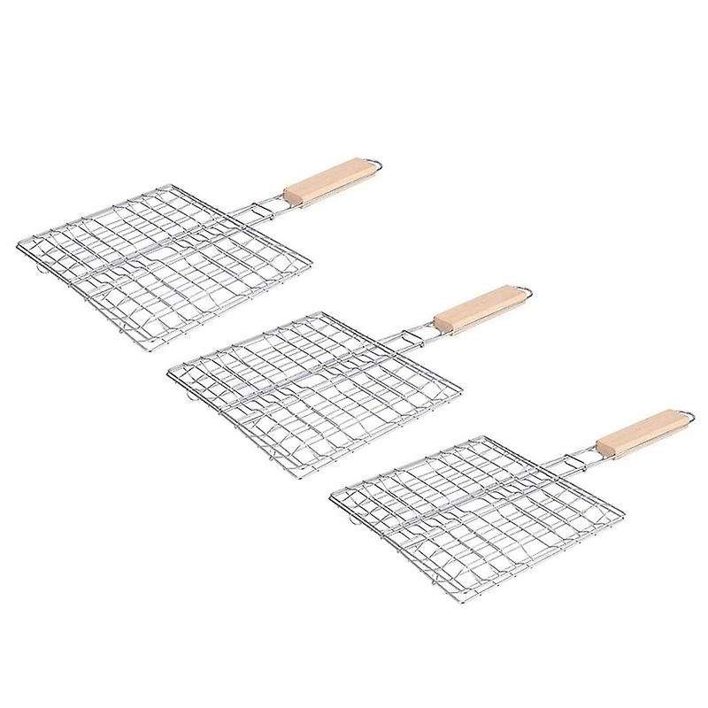 3PCS Barbecue Grilling Basket Barbecue Net BBQ Tool with Wooden Handle for Vegetables Fishes