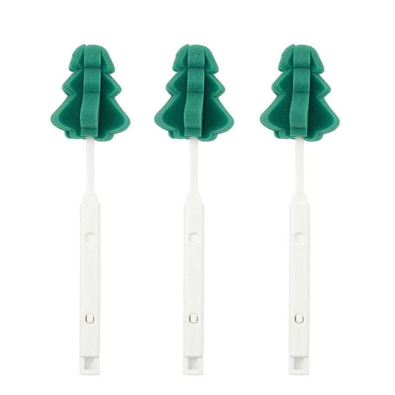 3Pcs Christmas Tree Shape Retractable Cup Brush Sponge Long Handle Telescopic Wineglass Coffe Tea Gl
