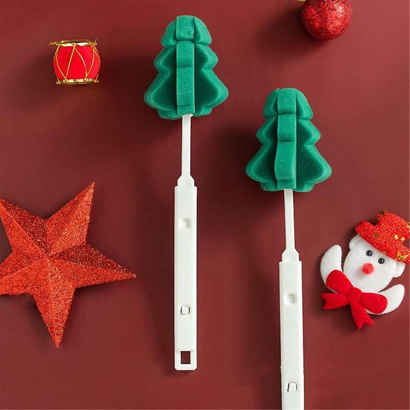 3Pcs Christmas Tree Shape Retractable Cup Brush Sponge Long Handle Telescopic Wineglass Coffe Tea Gl