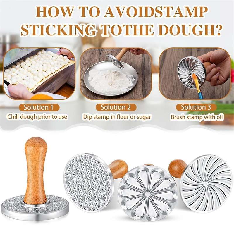 3pcs Cookie Stamps Metal Cookie Press Mold with Wooden Handle for Diy Baking Cake Pastry Cutters Coo