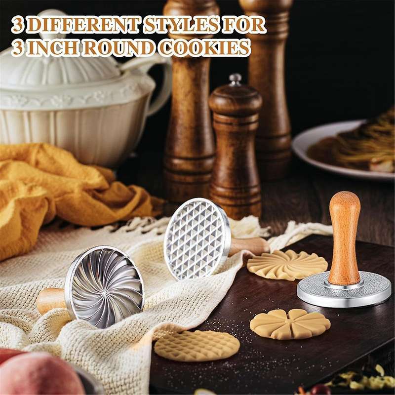 3pcs Cookie Stamps Metal Cookie Press Mold with Wooden Handle for Diy Baking Cake Pastry Cutters Coo