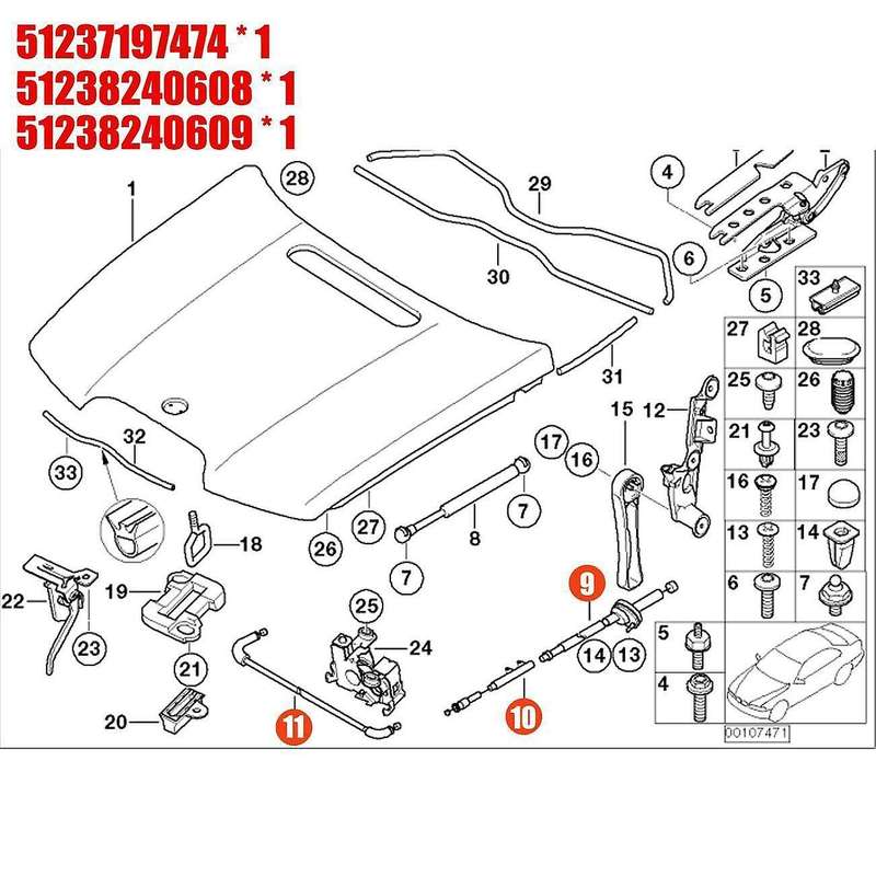 3pcs Engine Hood Release Cable Bowden Cable Kit for Bmw E65 E66 7er 51237197474