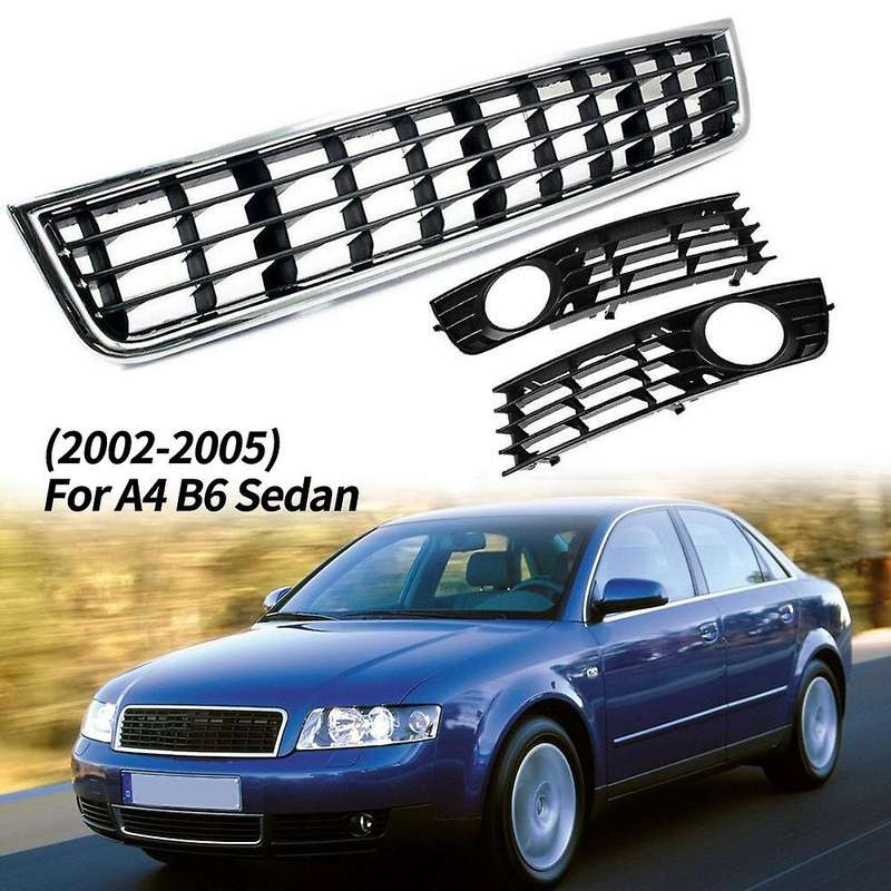 3Pcs Front Bumper Center Lower Grille + Fog Light Grill for  A4 B6 Sedan 2002-2005