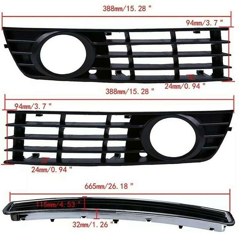 3Pcs Front Bumper Center Lower Grille + Fog Light Grill for  A4 B6 Sedan 2002-2005