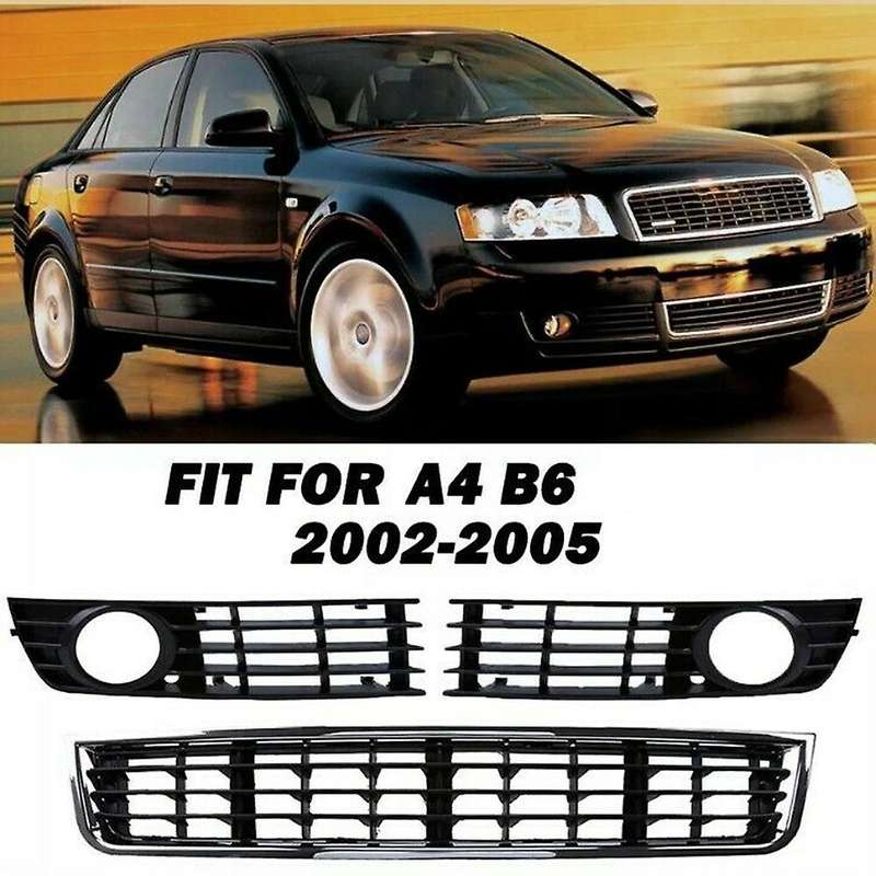 3Pcs Front Bumper Center Lower Grille + Fog Light Grill for  A4 B6 Sedan 2002-2005