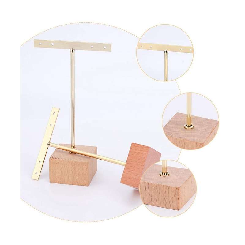 3pcs Gold Metal T Bar Earring Display Stand with Wooden Square Base 4 Holes Jewelry Holders Hanging