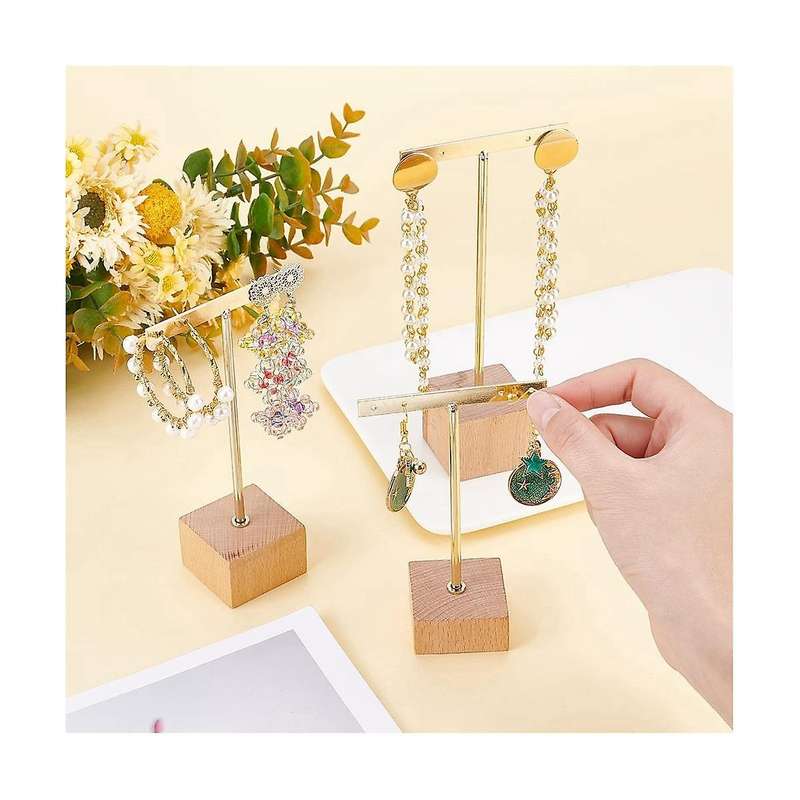 3pcs Gold Metal T Bar Earring Display Stand with Wooden Square Base 4 Holes Jewelry Holders Hanging