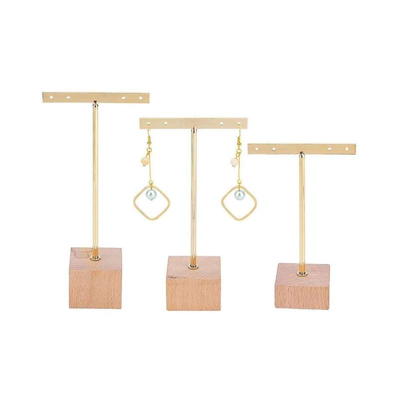 3pcs Gold Metal T Bar Earring Display Stand with Wooden Square Base 4 Holes Jewelry Holders Hanging