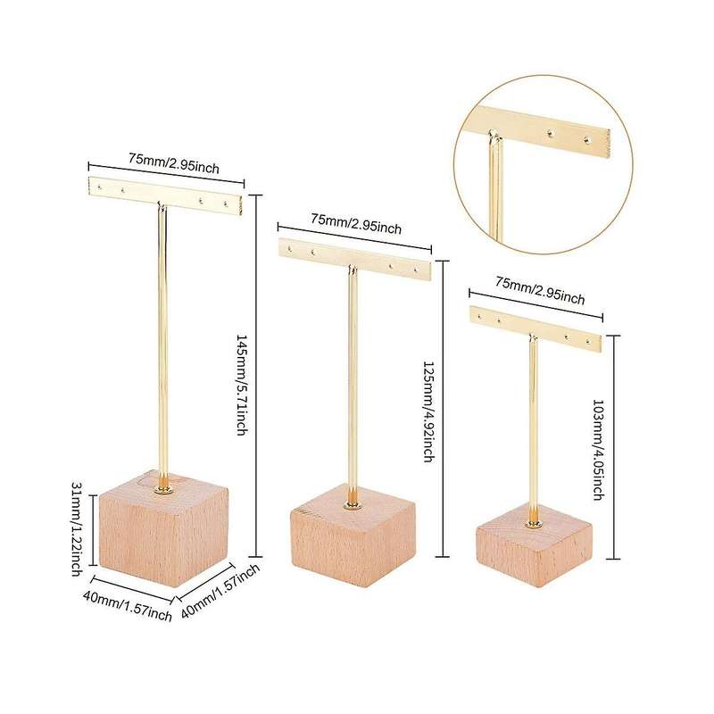 3pcs Gold Metal T Bar Earring Display Stand with Wooden Square Base 4 Holes Jewelry Holders Hanging