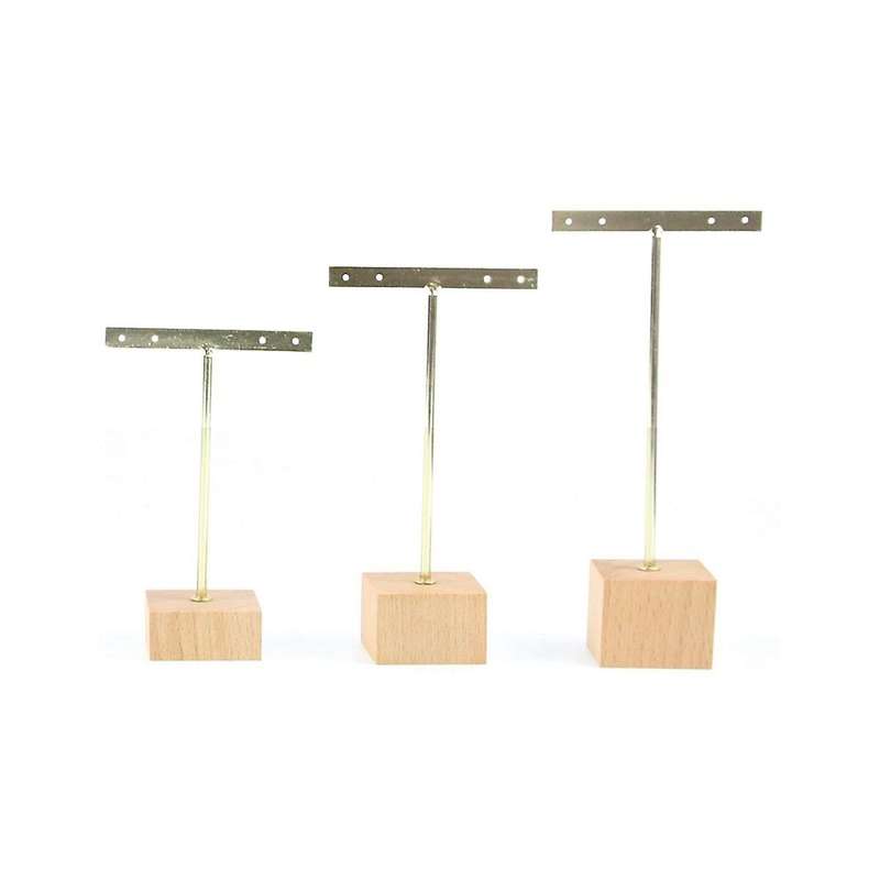 3pcs Gold Metal T Bar Earring Display Stand with Wooden Square Base 4 Holes Jewelry Holders Hanging