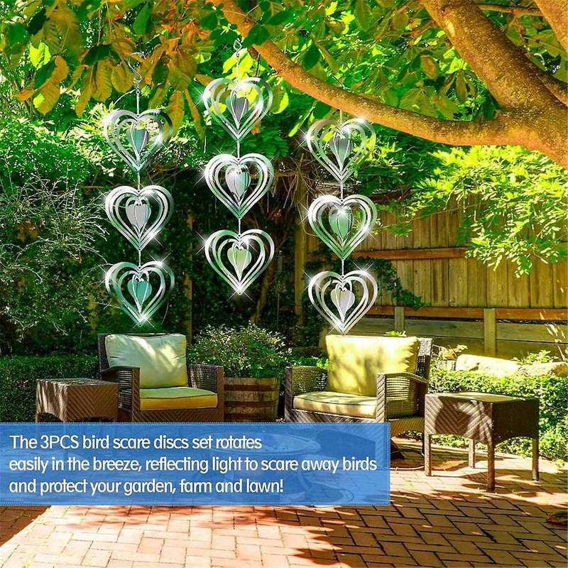 3PCS Heart Bird Scare Discs Set,Double-Sided Bird Reflectors,Highly Reflective Wind Spinners Bird De