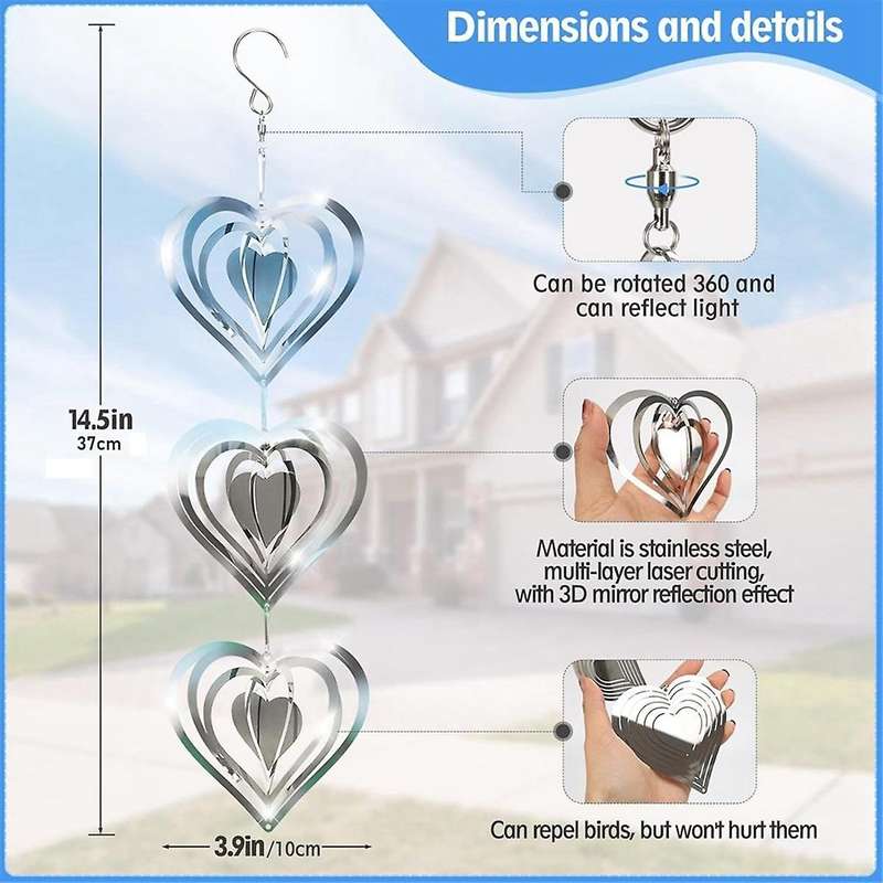 3PCS Heart Bird Scare Discs Set,Double-Sided Bird Reflectors,Highly Reflective Wind Spinners Bird De