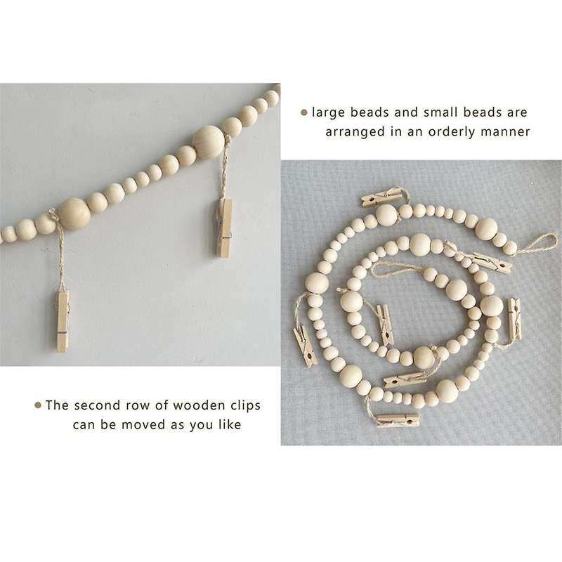 3pcs Hanging Photo Display Wall Decor, Boho Wooden Bead Garland Collage Picture Frame with 7 Wood Cl