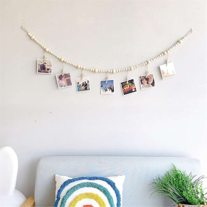 3pcs Hanging Photo Display Wall Decor, Boho Wooden Bead Garland Collage Picture Frame with 7 Wood Cl