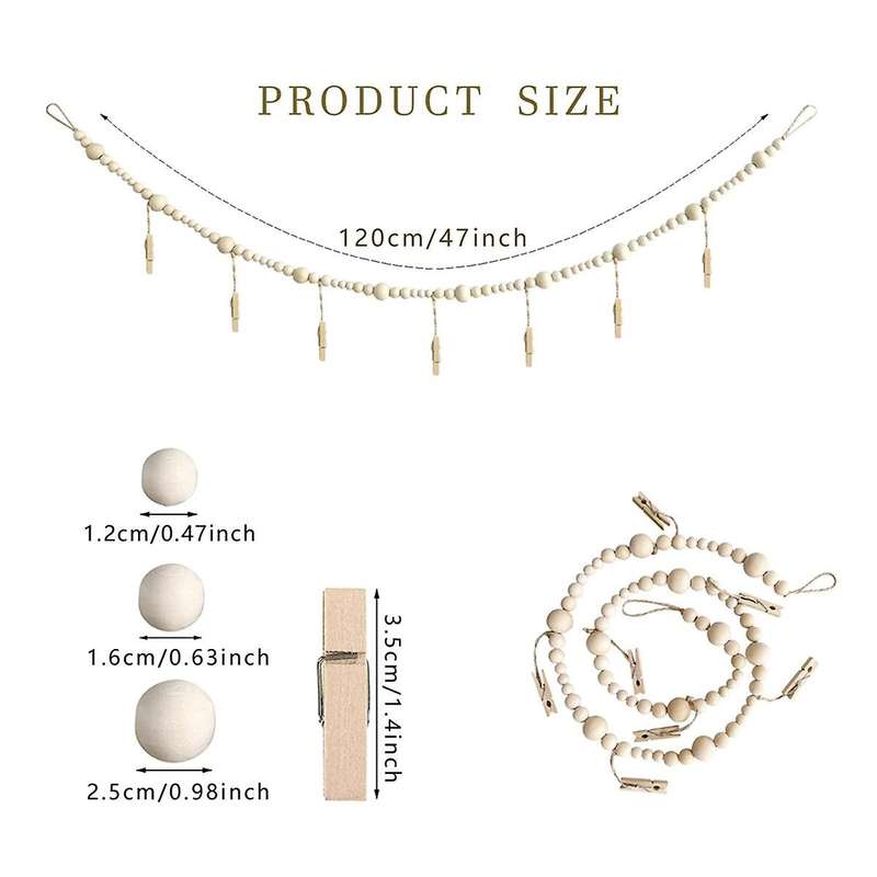 3pcs Hanging Photo Display Wall Decor, Boho Wooden Bead Garland Collage Picture Frame with 7 Wood Cl