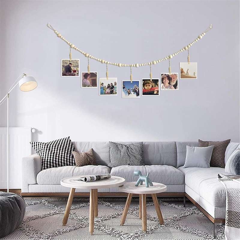 3pcs Hanging Photo Display Wall Decor, Boho Wooden Bead Garland Collage Picture Frame with 7 Wood Cl