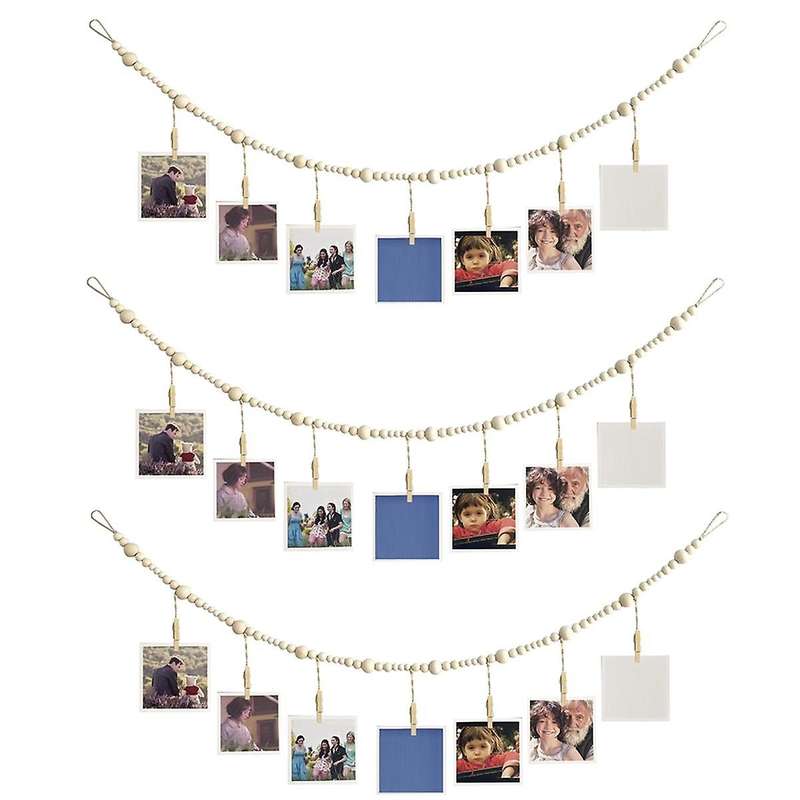 3pcs Hanging Photo Display Wall Decor, Boho Wooden Bead Garland Collage Picture Frame with 7 Wood Cl