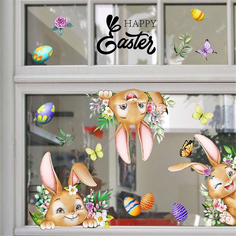 3pcs Happy Easter Window Stickers Cartoon Rabbit Easter Eggs Flowers Butterfly Glass Sticker Home De