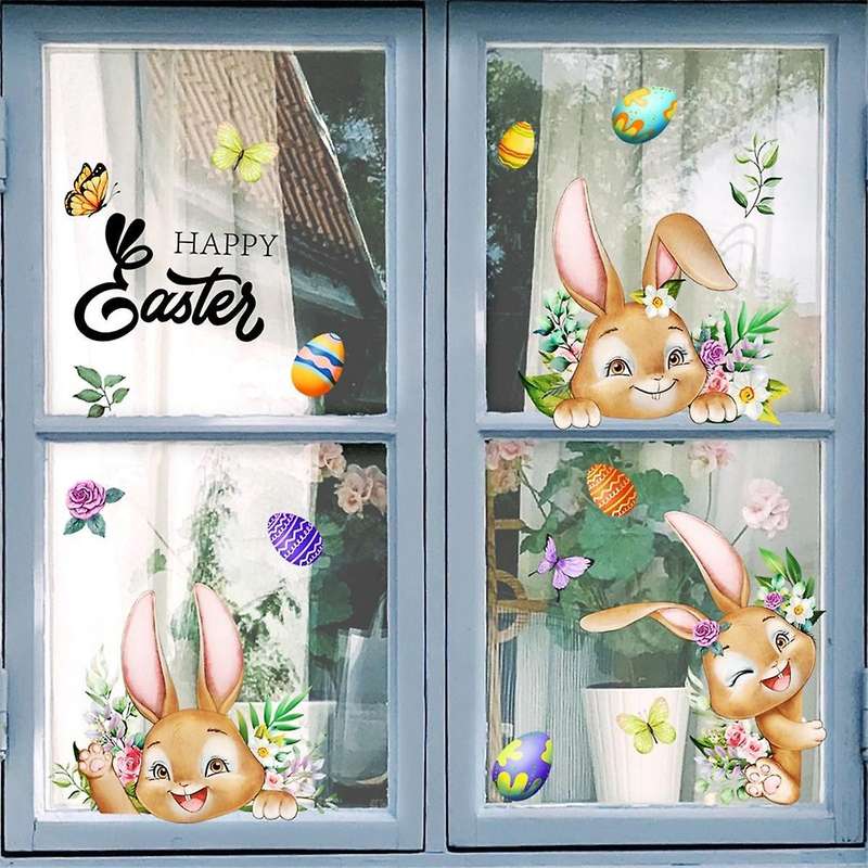 3pcs Happy Easter Window Stickers Cartoon Rabbit Easter Eggs Flowers Butterfly Glass Sticker Home De