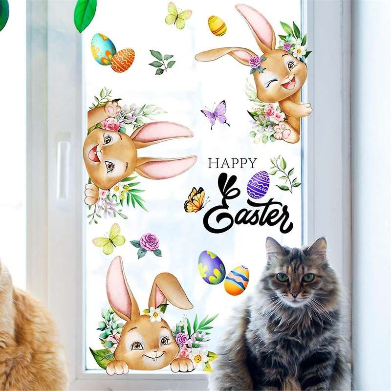3pcs Happy Easter Window Stickers Cartoon Rabbit Easter Eggs Flowers Butterfly Glass Sticker Home De