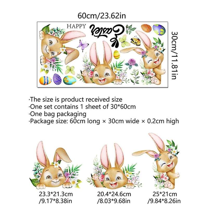 3pcs Happy Easter Window Stickers Cartoon Rabbit Easter Eggs Flowers Butterfly Glass Sticker Home De