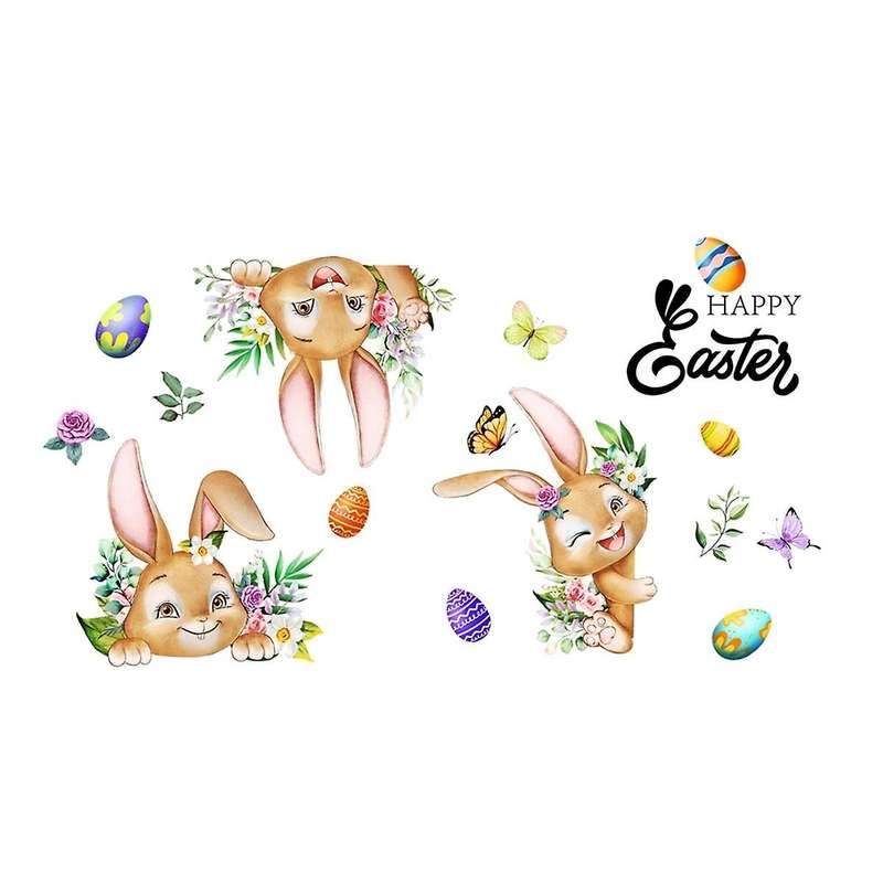 3pcs Happy Easter Window Stickers Cartoon Rabbit Easter Eggs Flowers Butterfly Glass Sticker Home De