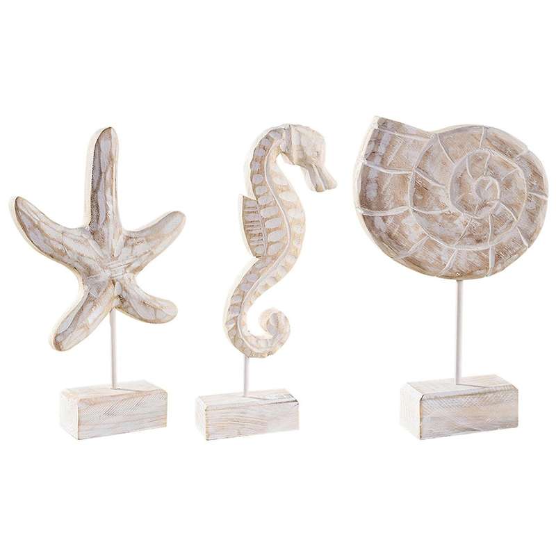 3PCS Mediterranean Style Starfish Conch Hippocampus Wood Carving Marine Decor Wood Crafts Home Decor