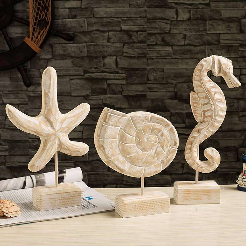3PCS Mediterranean Style Starfish Conch Hippocampus Wood Carving Marine Decor Wood Crafts Home Decor