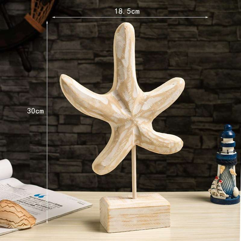 3PCS Mediterranean Style Starfish Conch Hippocampus Wood Carving Marine Decor Wood Crafts Home Decor