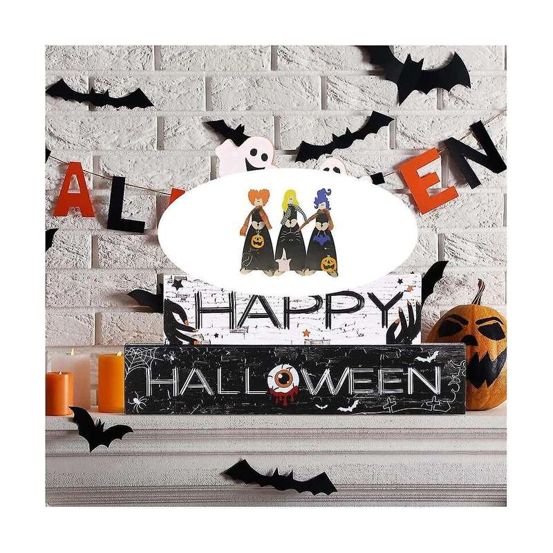 3pcs Mini 3d Halloween Wooden Signs with Stand 7.9 Inchx3.15 Inch Decorative Sign Tabletop Art Deco