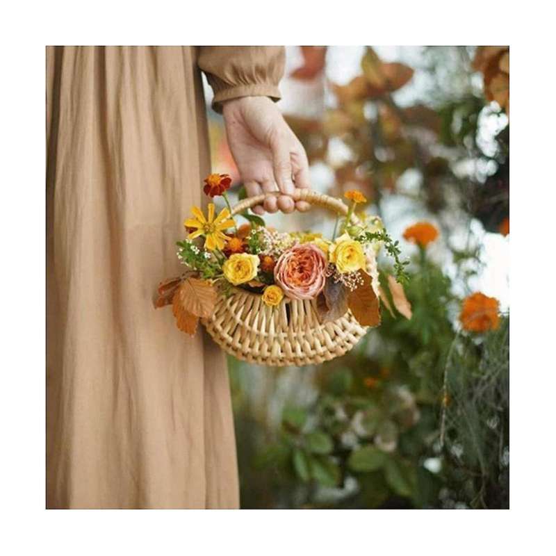 3pcs Rattan Basket Half Moon Wicker Basket Willow Straw Basket Woven Basket with Handle Wedding Flow