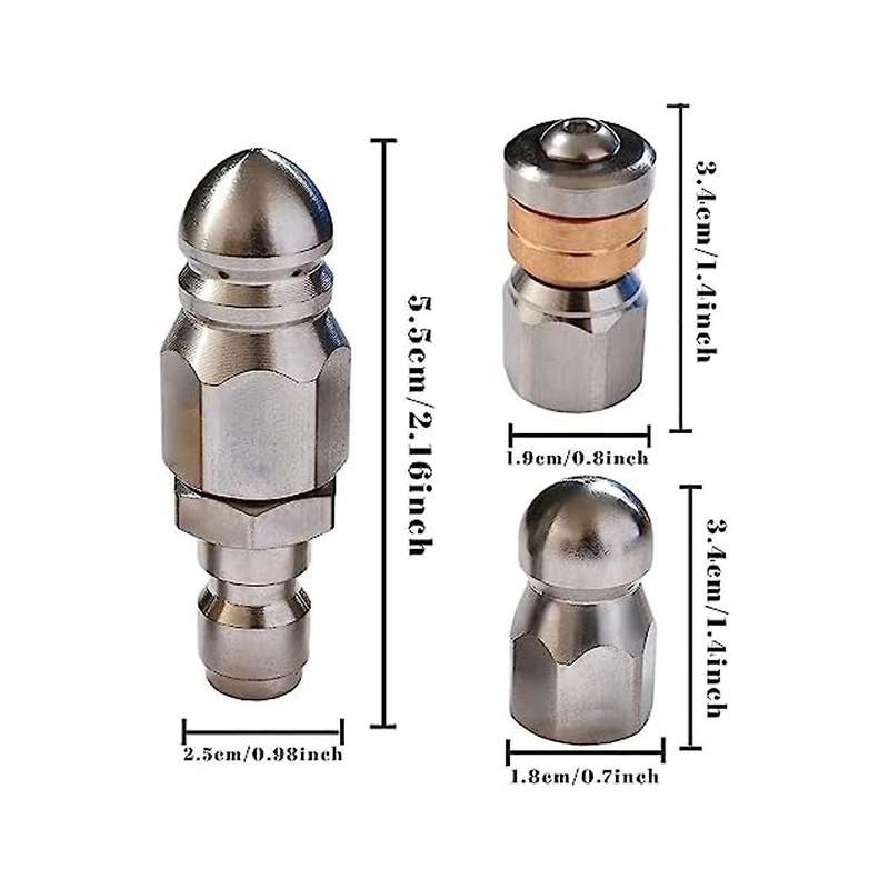 3Pcs Sewer Jetter Nozzle Rotating Button Nose Stainless Steel Fixed Sewer Nozzle for 1/4 Inch Pressu